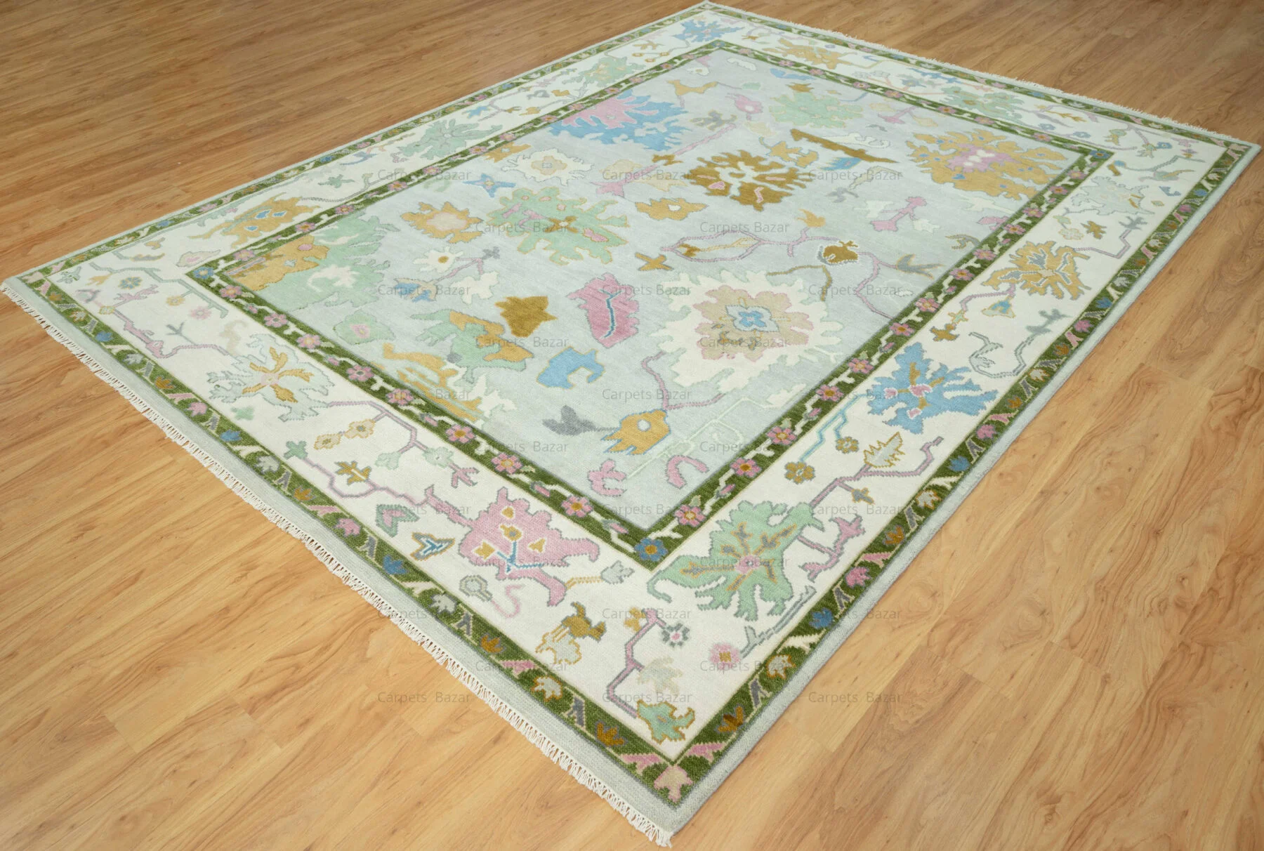 Sage & Gold Hand-Knotted Oushak Rug – Palmette & Rosette