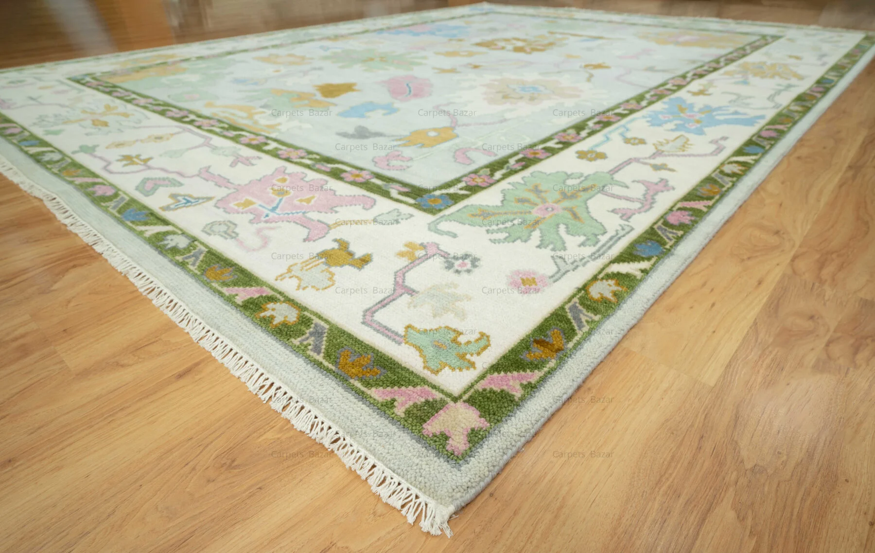 Sage & Gold Hand-Knotted Oushak Rug – Palmette & Rosette