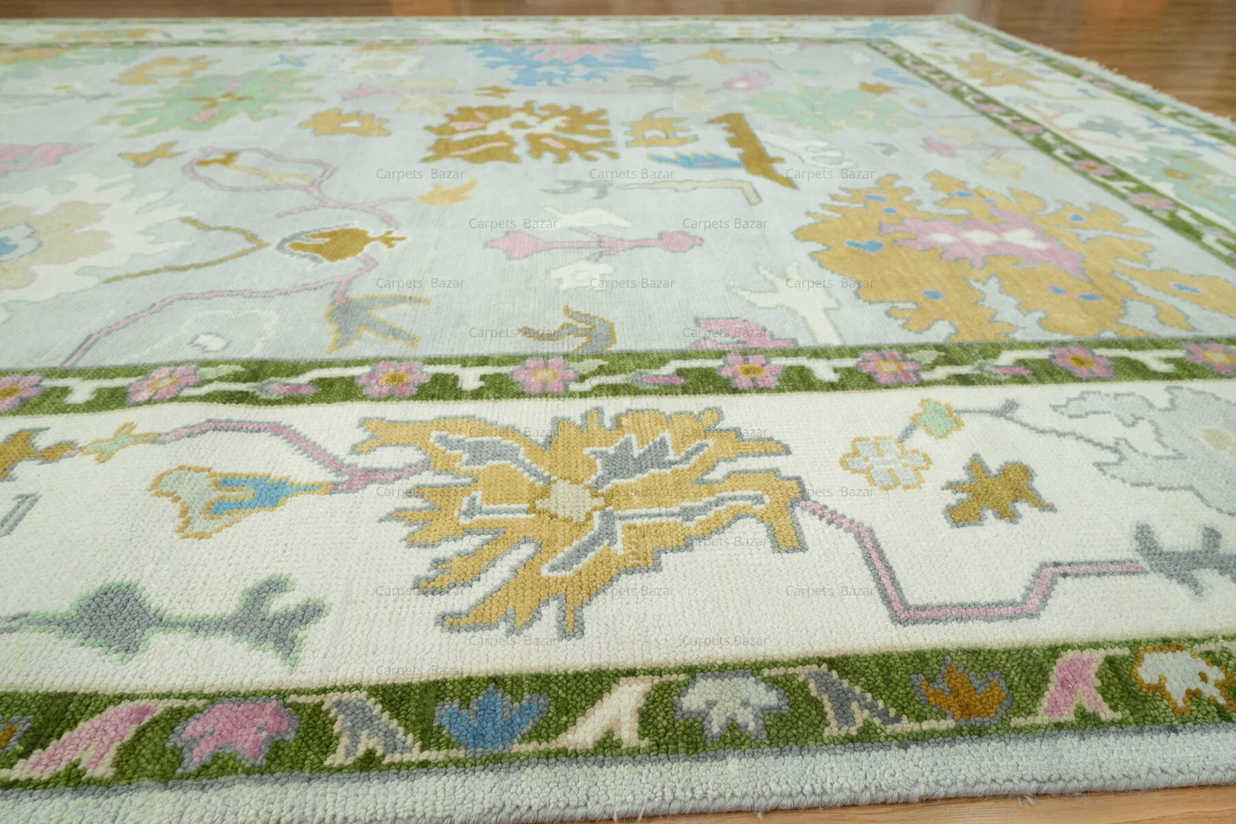 Sage & Gold Hand-Knotted Oushak Rug – Palmette & Rosette