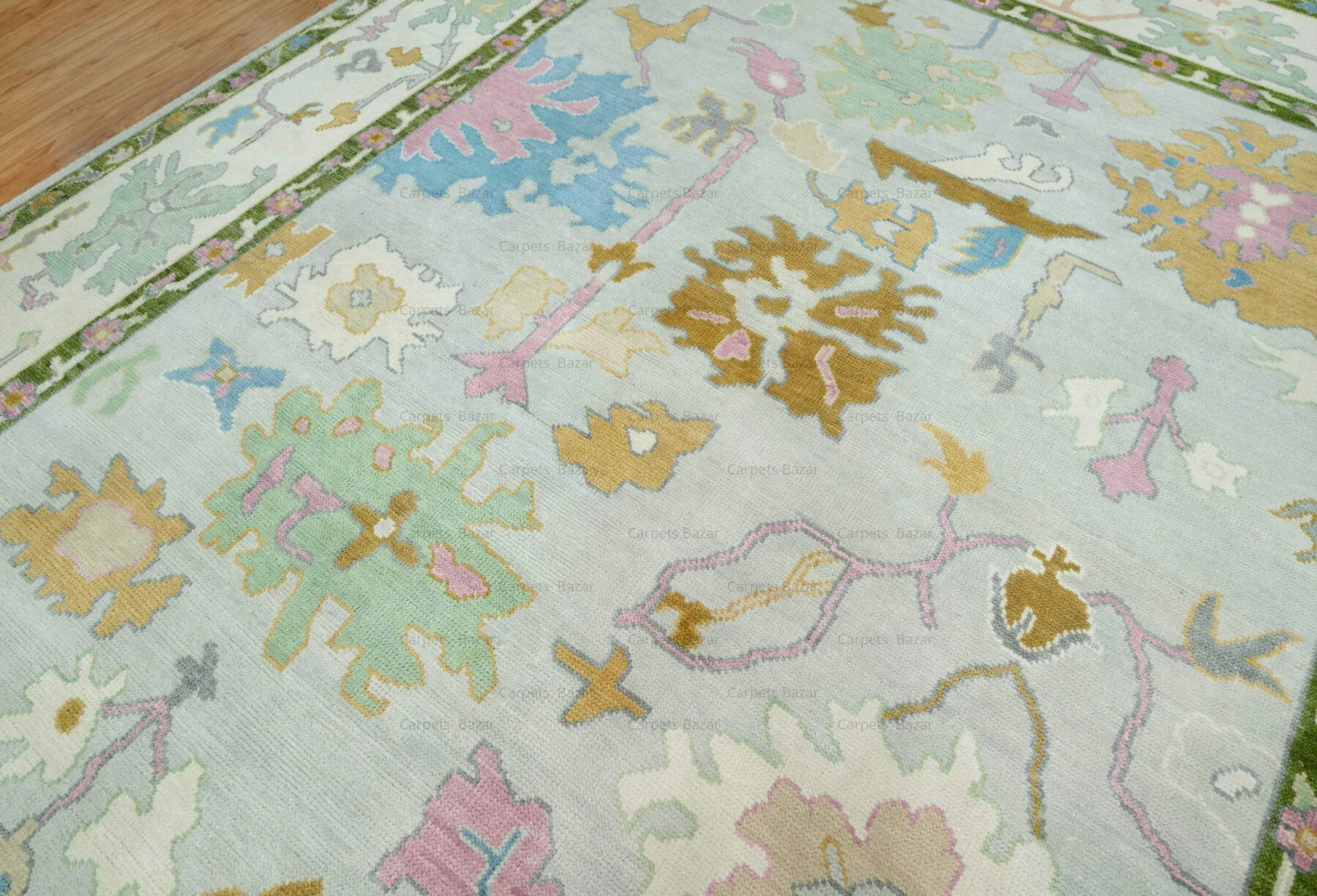 Sage & Gold Hand-Knotted Oushak Rug – Palmette & Rosette