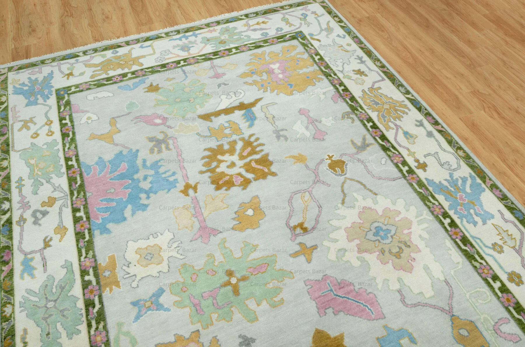 Sage & Gold Hand-Knotted Oushak Rug – Palmette & Rosette