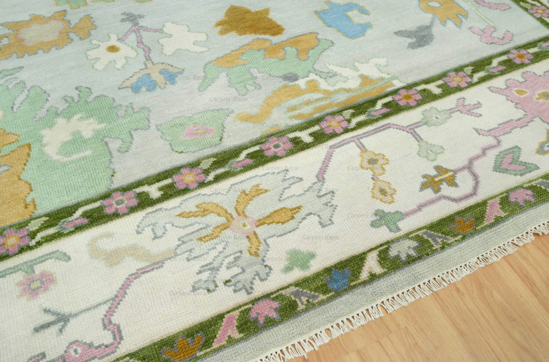 Sage & Gold Hand-Knotted Oushak Rug – Palmette & Rosette