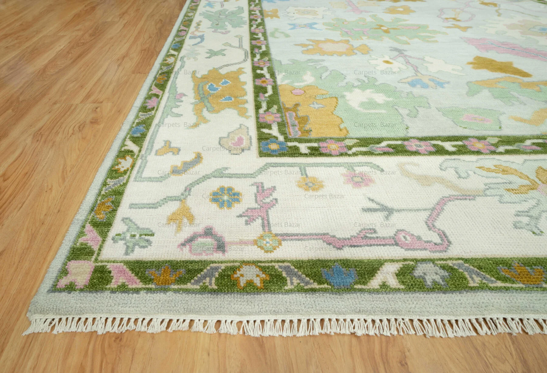 Sage & Gold Hand-Knotted Oushak Rug – Palmette & Rosette