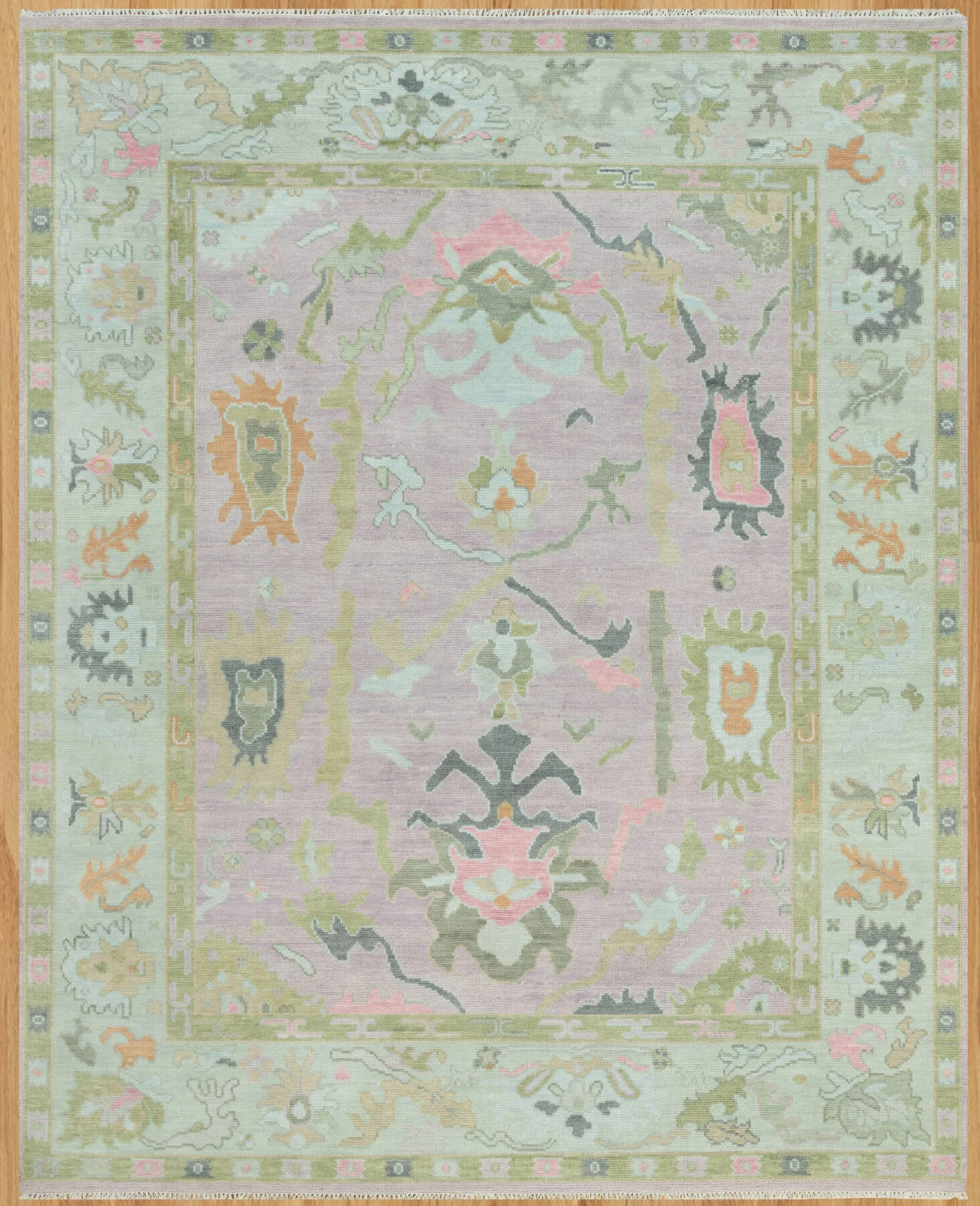Mauve Hand-Knotted Oushak Rug – Palmette & Rosette