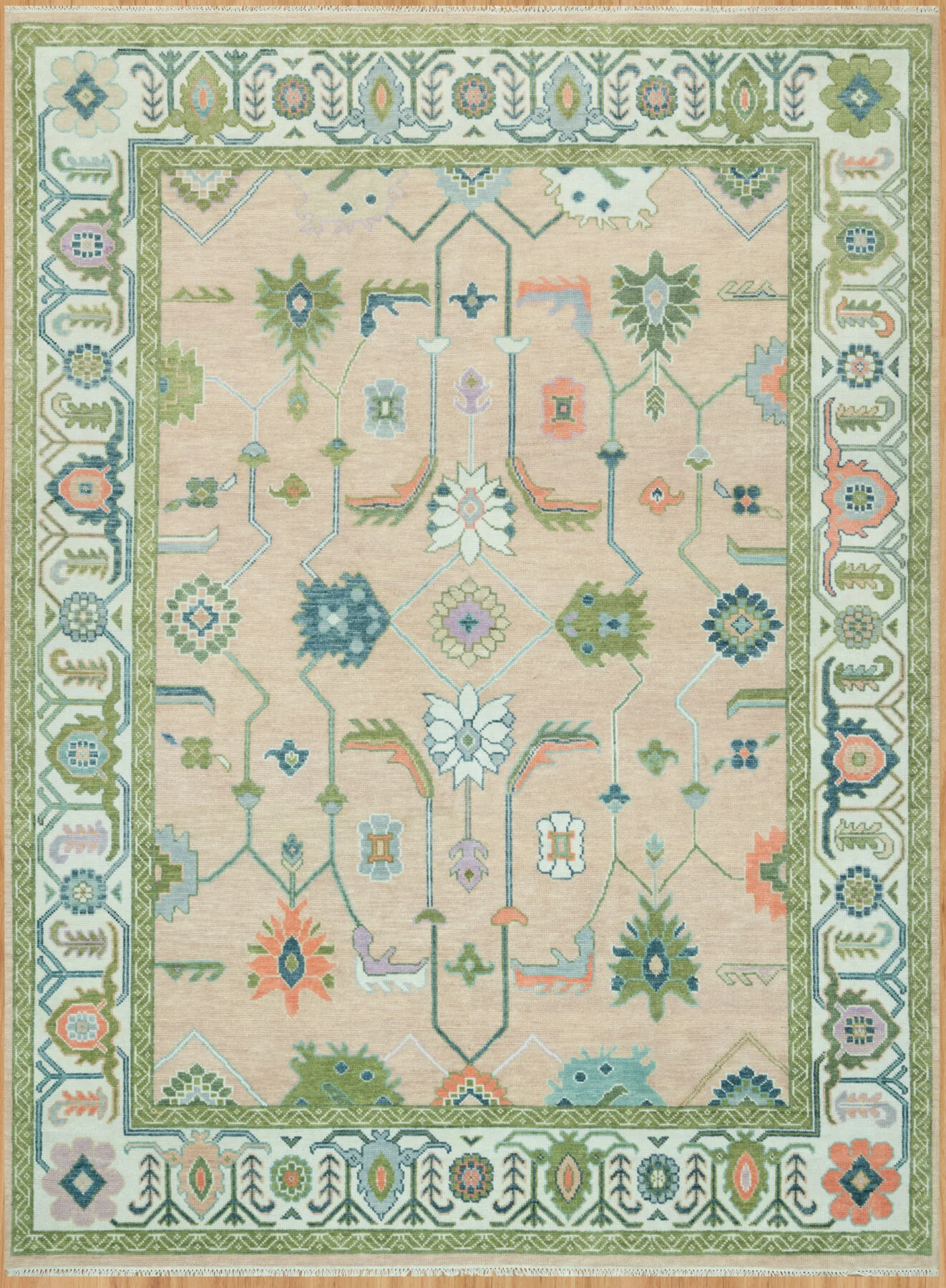 Beige & Teal Hand-Knotted Oushak Rug – Palmette & Rosette