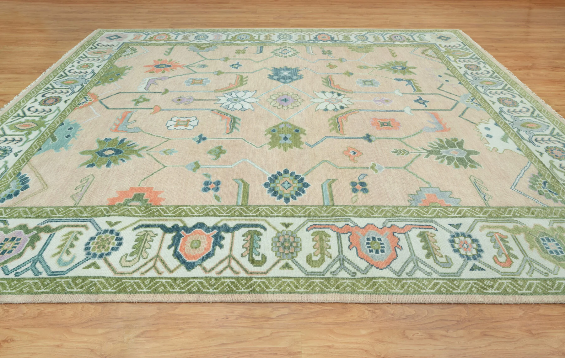 Beige & Teal Hand-Knotted Oushak Rug – Palmette & Rosette