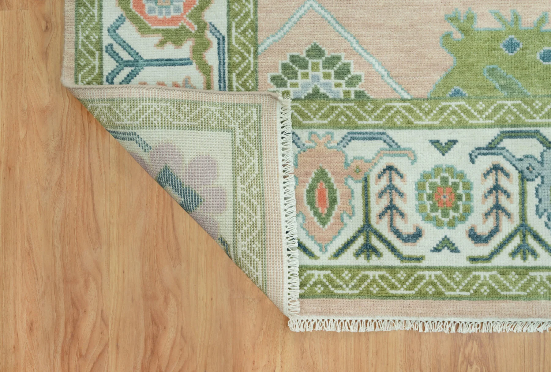 Beige & Teal Hand-Knotted Oushak Rug – Palmette & Rosette