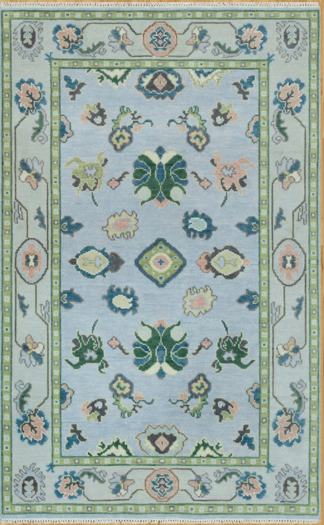 Blue & Blush Hand-Knotted Oushak Rug – Palmette & Rosette (3806)