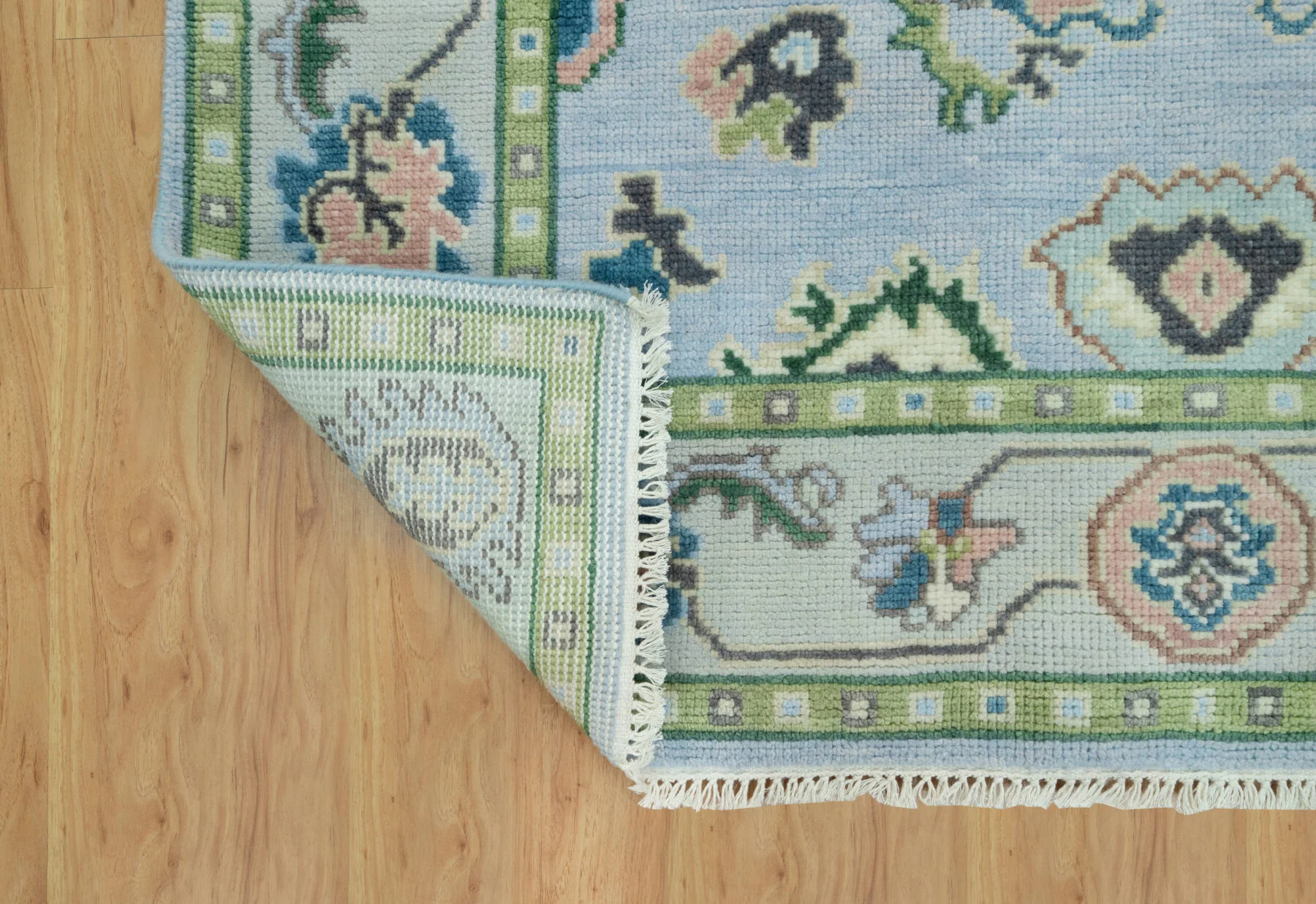 Blue & Blush Hand-Knotted Oushak Rug – Palmette & Rosette (3806)