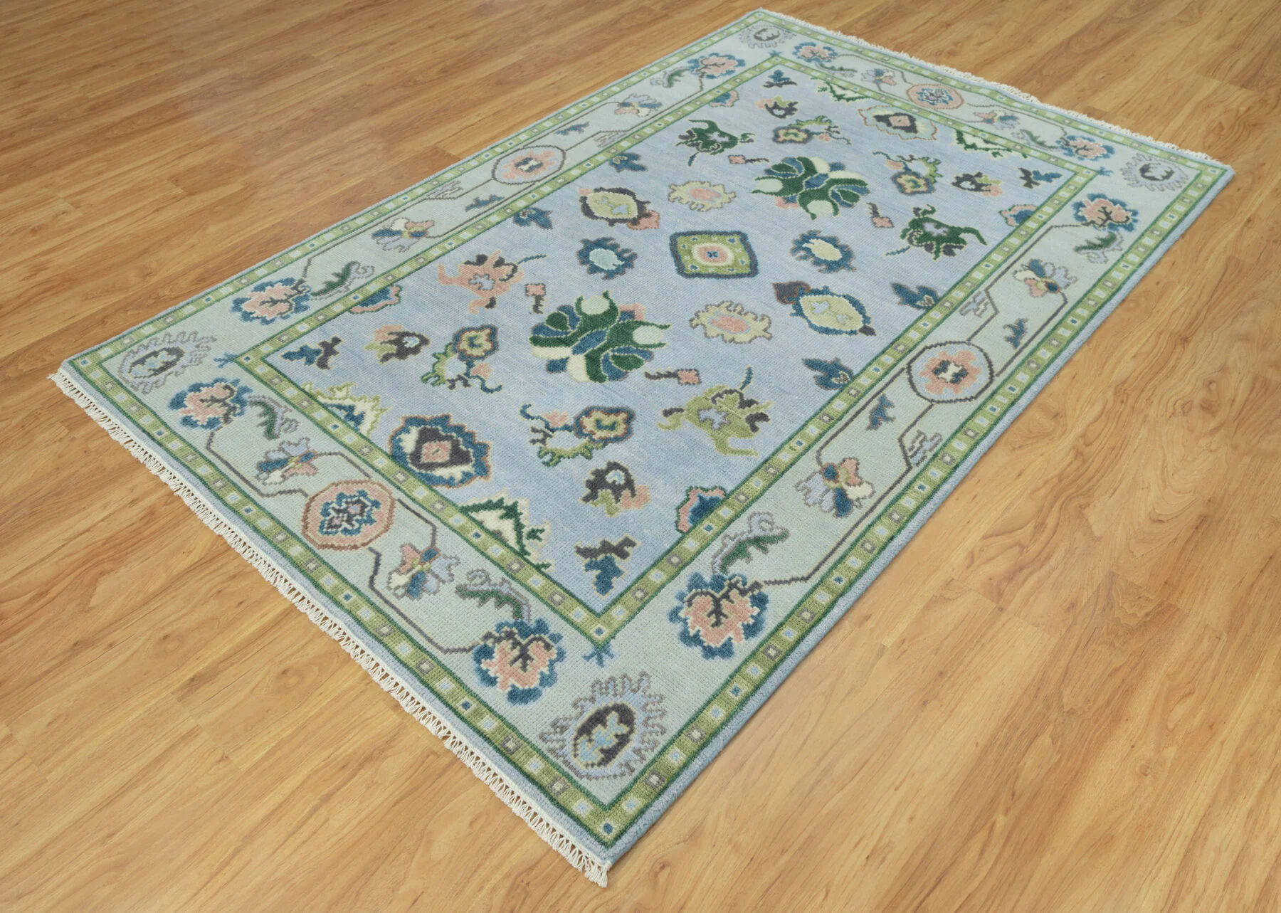 Blue & Blush Hand-Knotted Oushak Rug – Palmette & Rosette (3806)