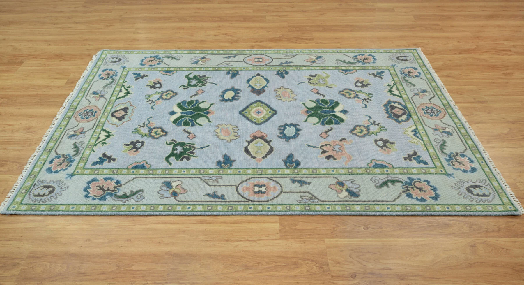 Blue & Blush Hand-Knotted Oushak Rug – Palmette & Rosette (3806)