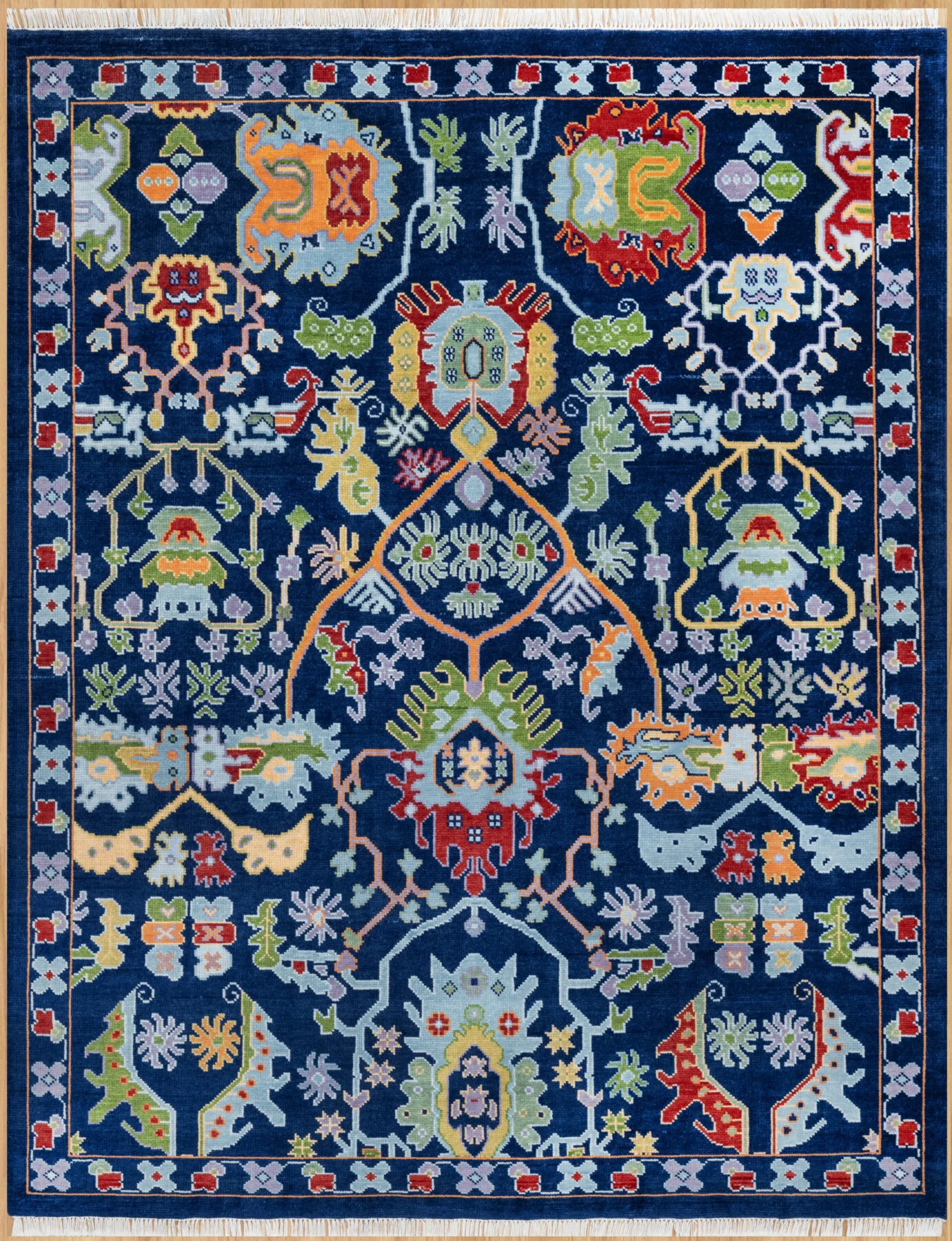 Navy & Red Hand-Knotted Oushak Rug – Palmette & Rosette
