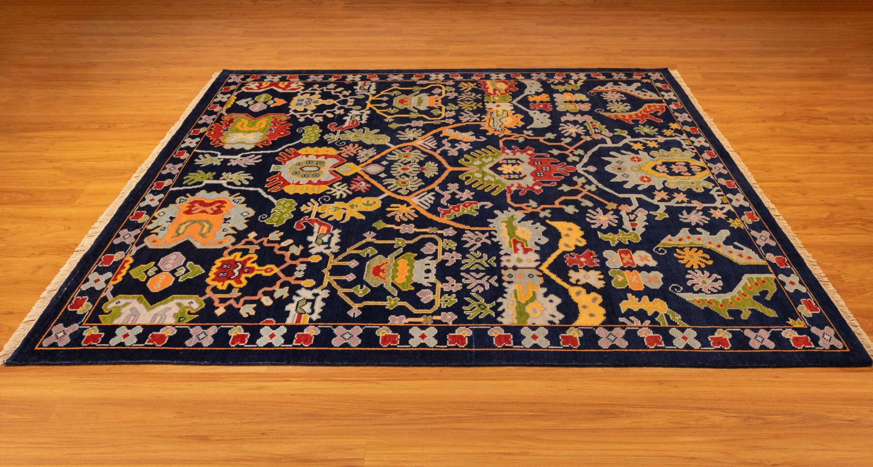 Navy & Red Hand-Knotted Oushak Rug – Palmette & Rosette