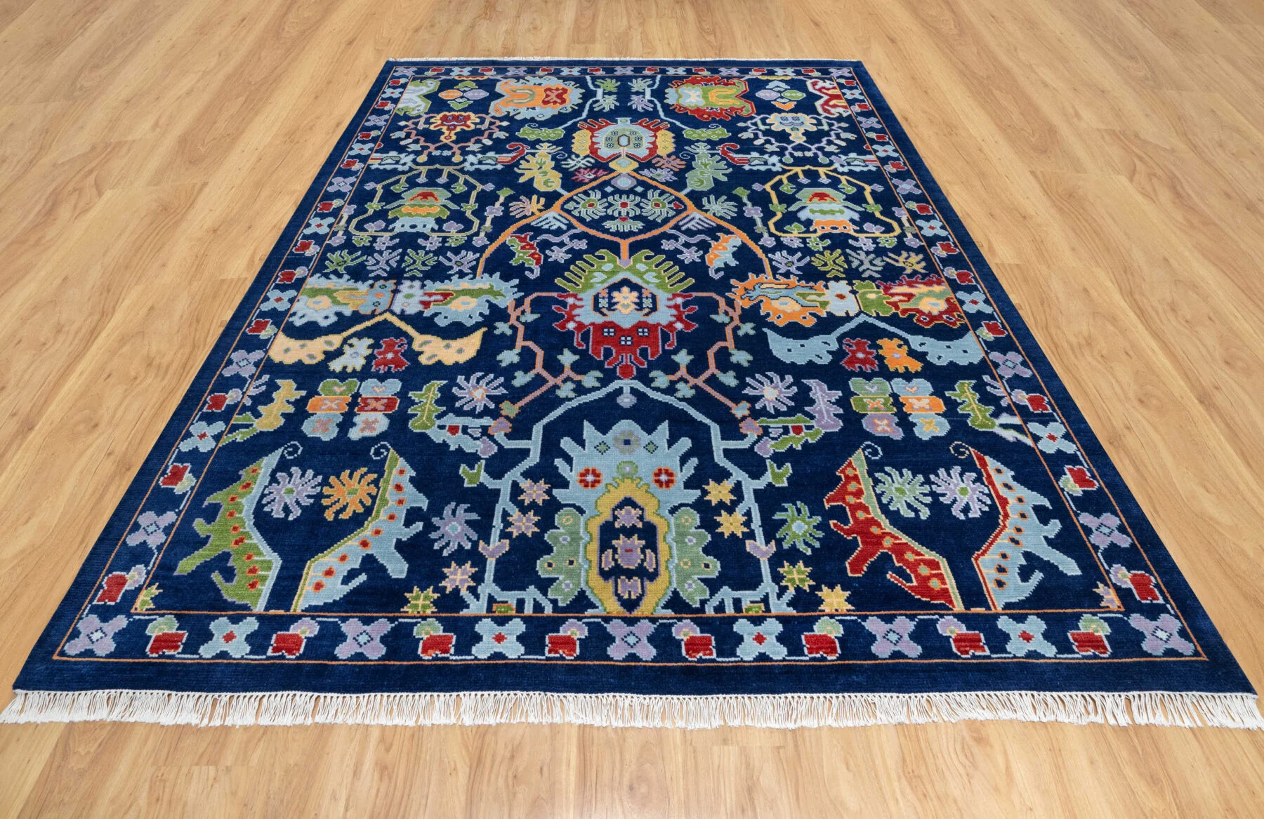 Navy & Red Hand-Knotted Oushak Rug – Palmette & Rosette