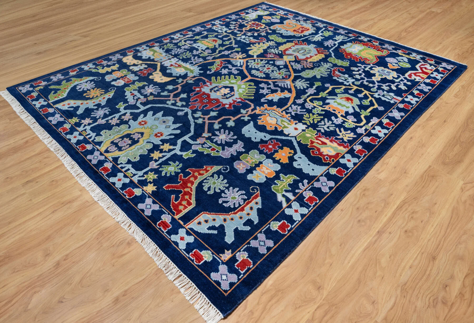 Navy & Red Hand-Knotted Oushak Rug – Palmette & Rosette