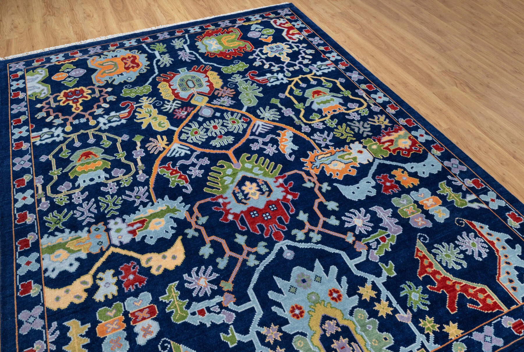 Navy & Red Hand-Knotted Oushak Rug – Palmette & Rosette