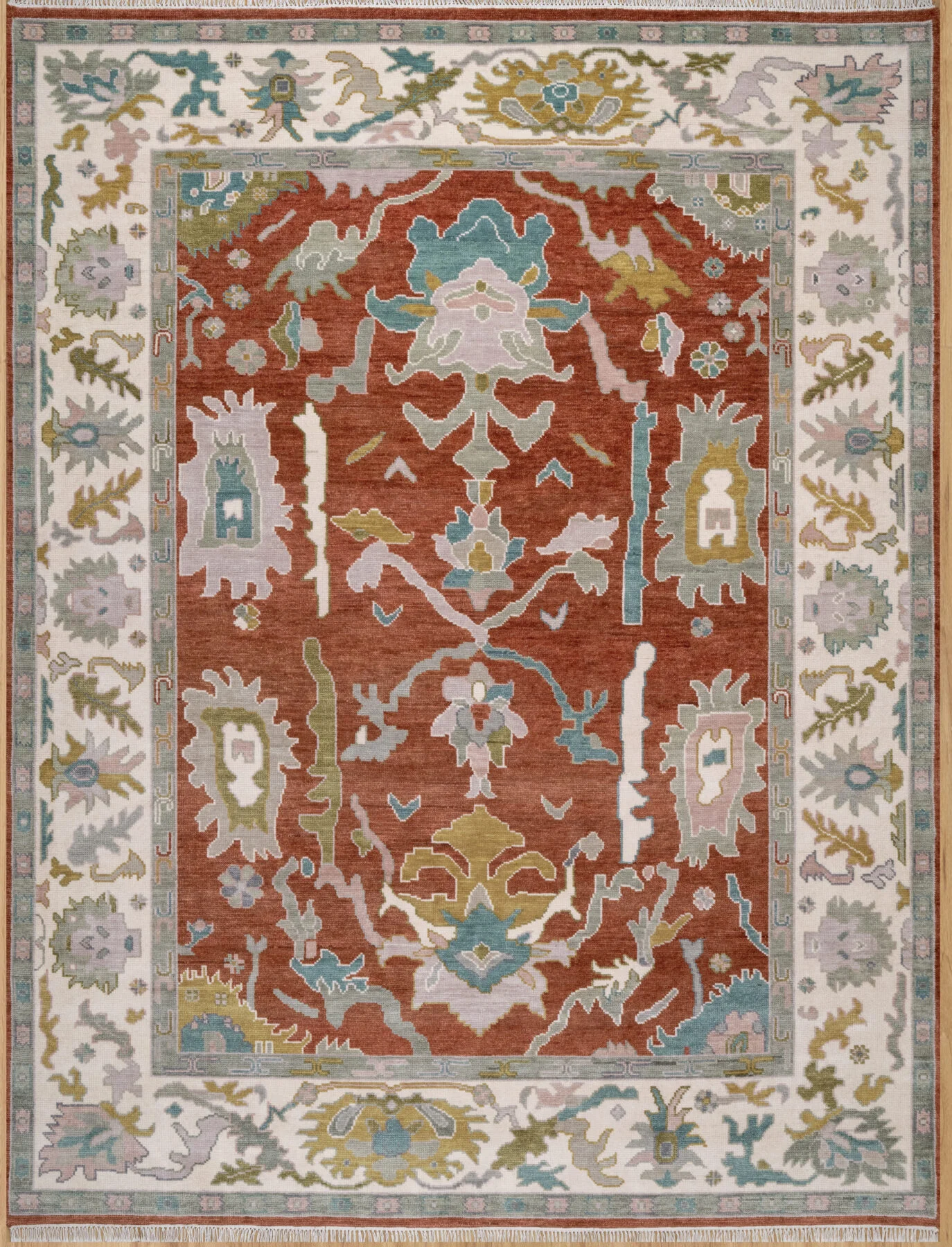 Rust Hand-Knotted Oushak Rug – Palmette & Rosette