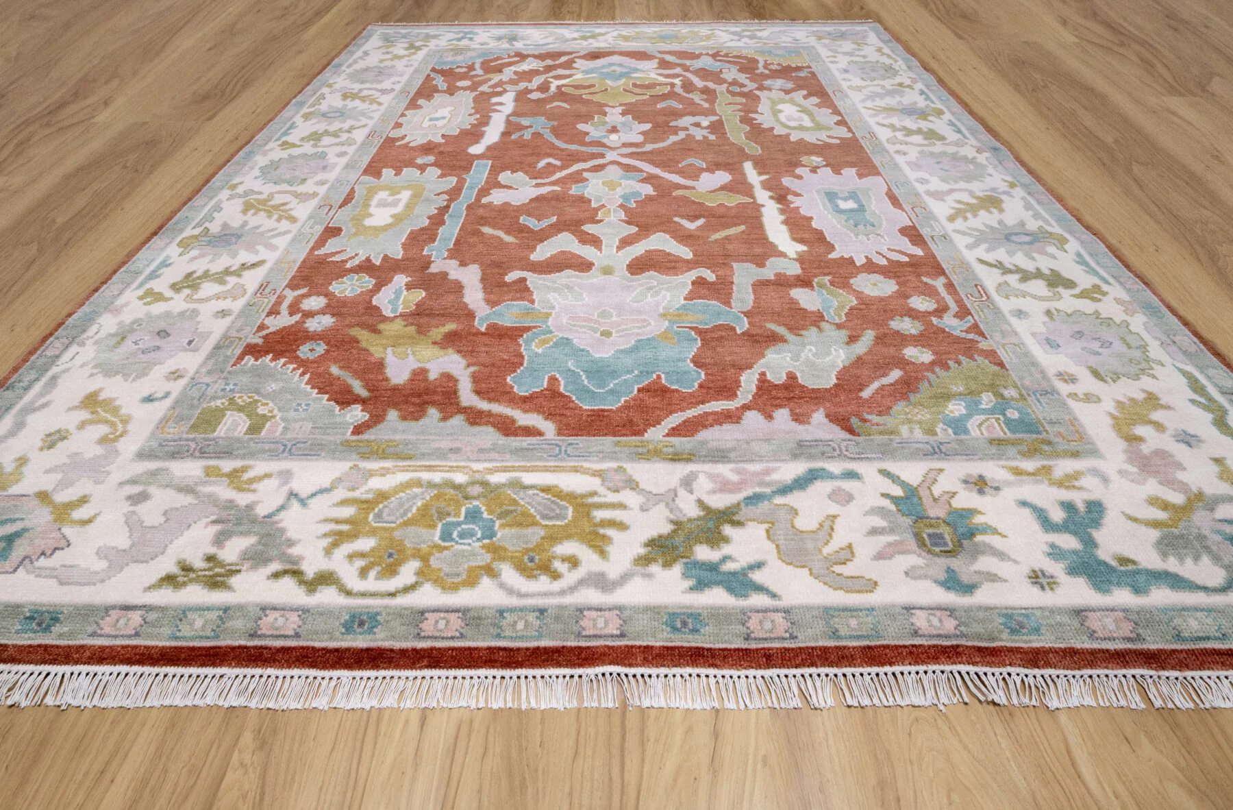 Rust Hand-Knotted Oushak Rug – Palmette & Rosette