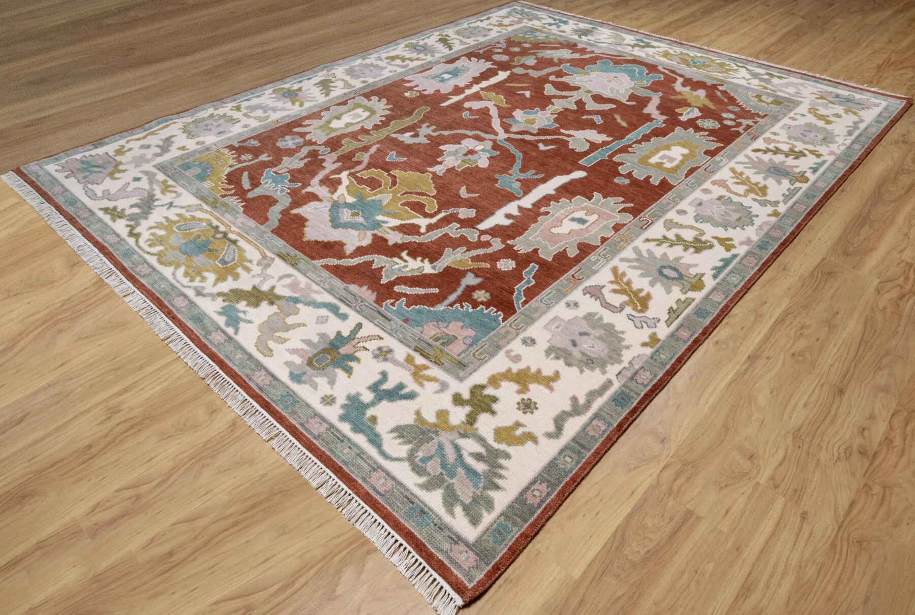 Rust Hand-Knotted Oushak Rug – Palmette & Rosette