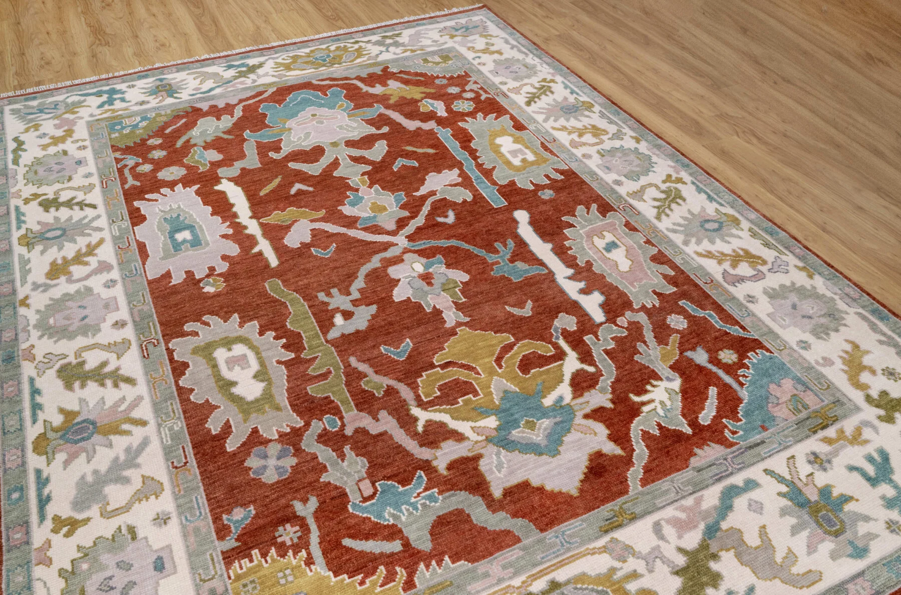 Rust Hand-Knotted Oushak Rug – Palmette & Rosette