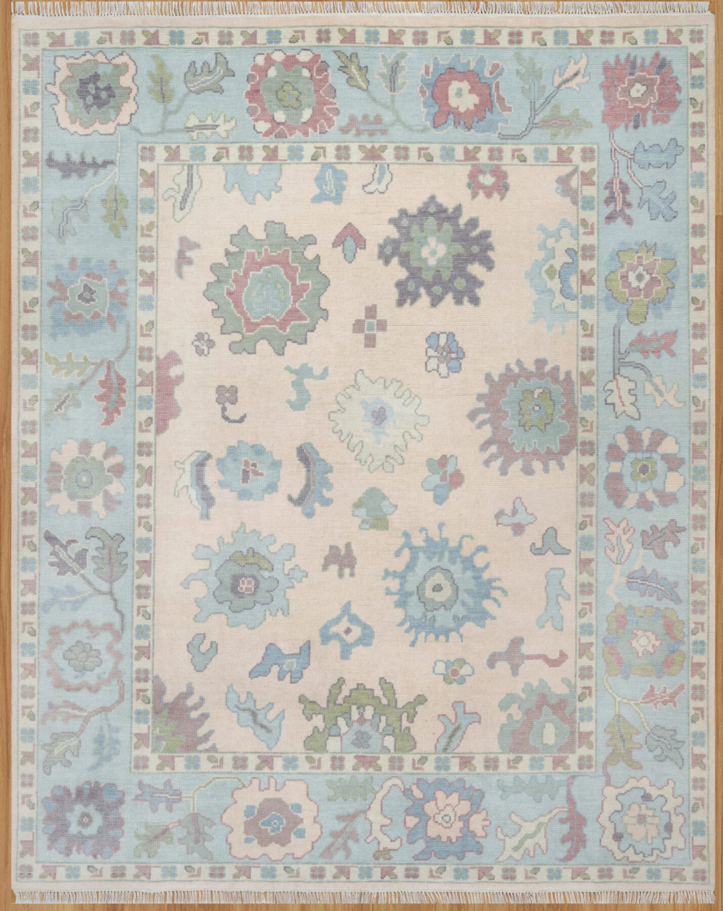 Blush & Sage Hand-Knotted Oushak Rug – Palmette & Rosette (3818)