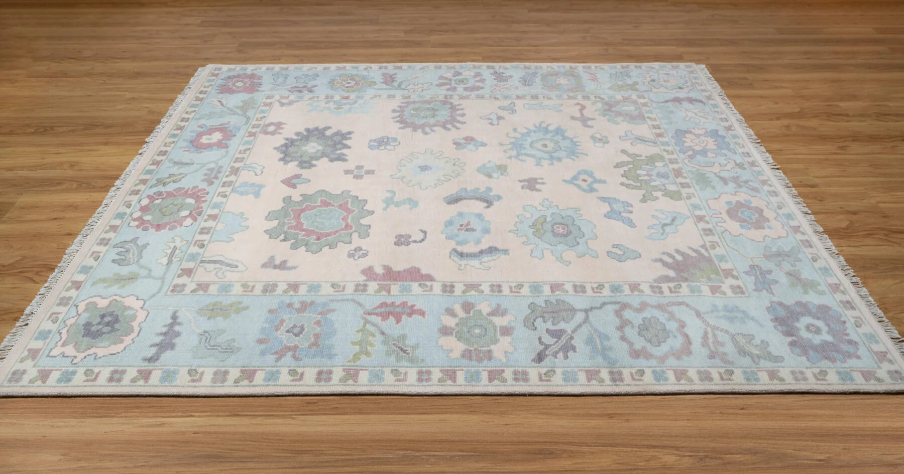 Blush & Sage Hand-Knotted Oushak Rug – Palmette & Rosette (3818)