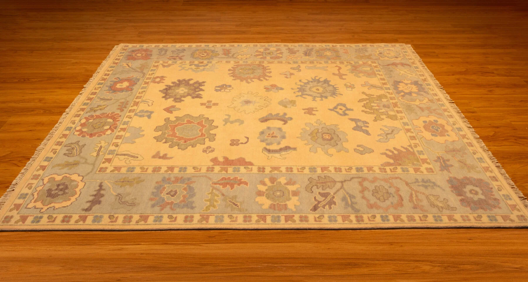 Blush & Sage Hand-Knotted Oushak Rug – Palmette & Rosette (3818)