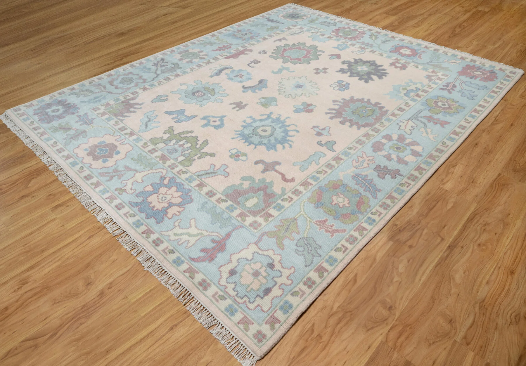 Blush & Sage Hand-Knotted Oushak Rug – Palmette & Rosette (3818)