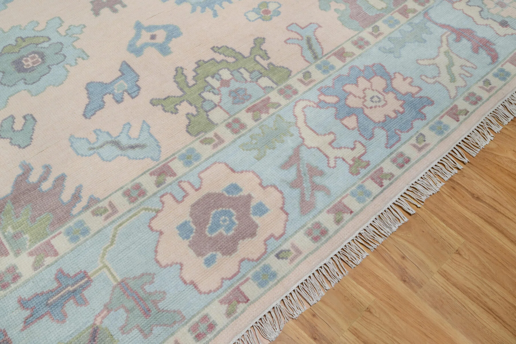 Blush & Sage Hand-Knotted Oushak Rug – Palmette & Rosette (3818)