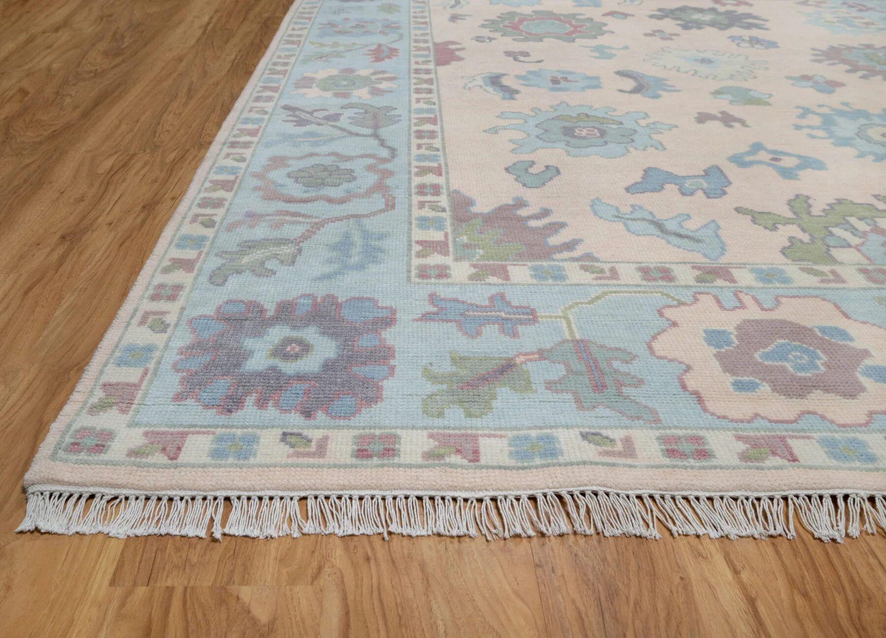 Blush & Sage Hand-Knotted Oushak Rug – Palmette & Rosette (3818)