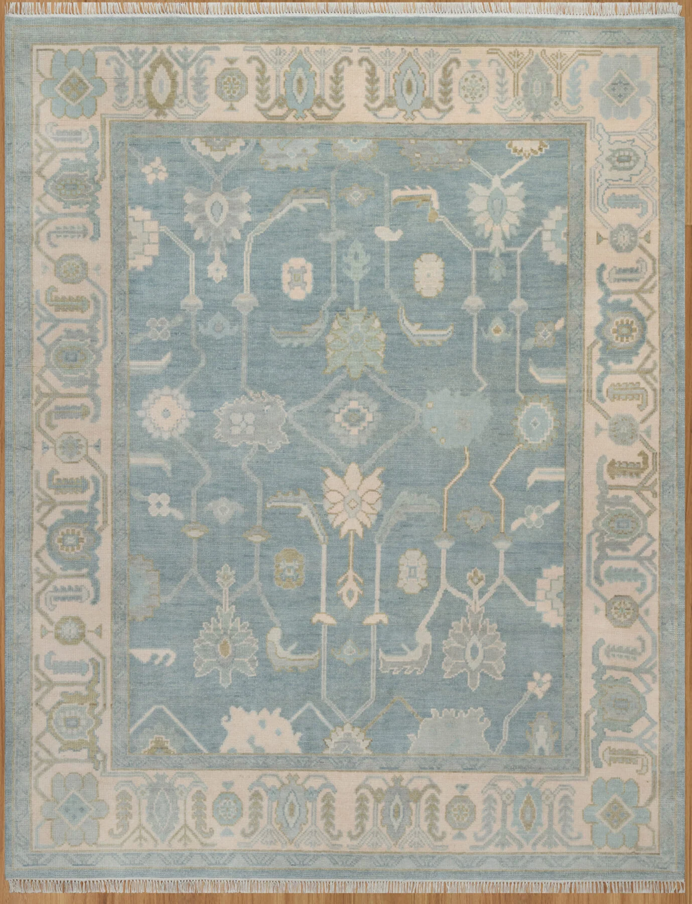 Blue & Sage Hand-Knotted Oushak Rug – Palmette & Rosette (3819)