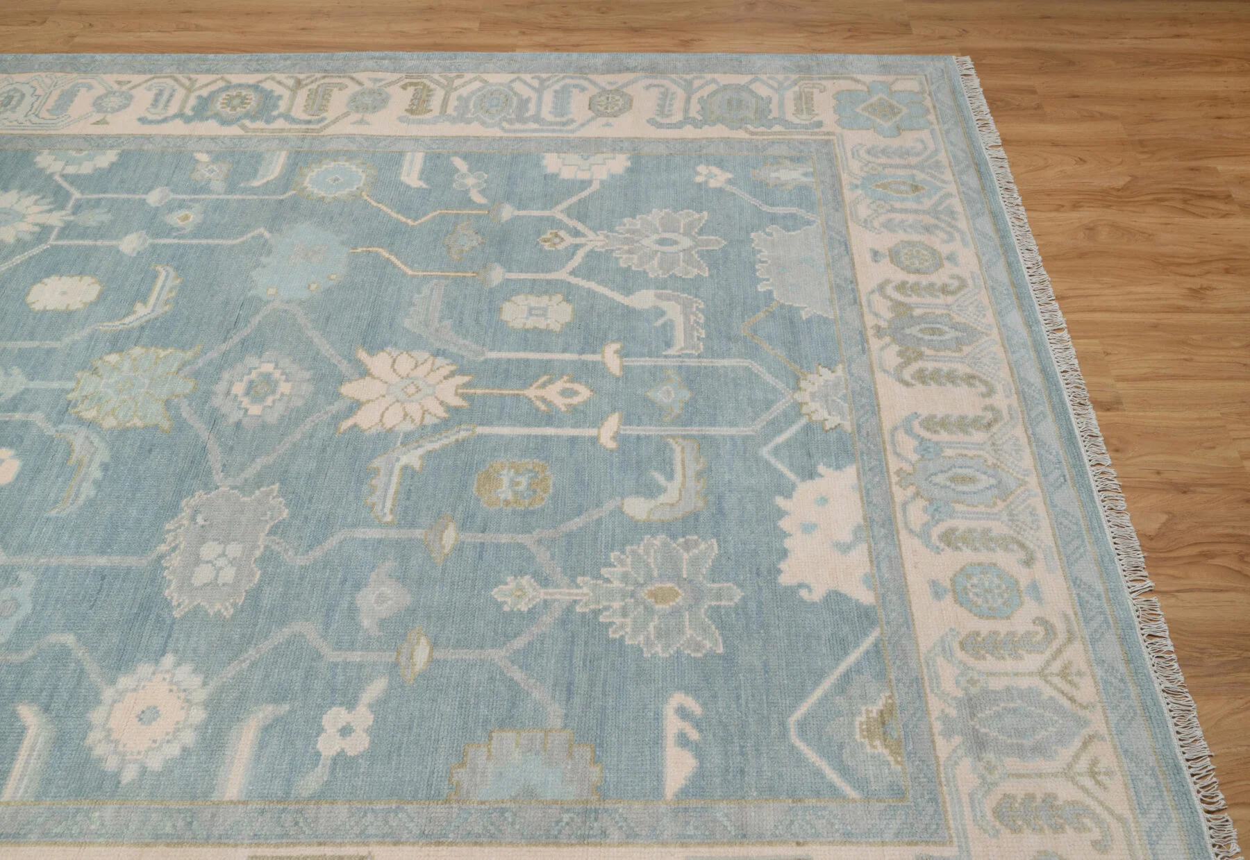 Blue & Sage Hand-Knotted Oushak Rug – Palmette & Rosette (3819)