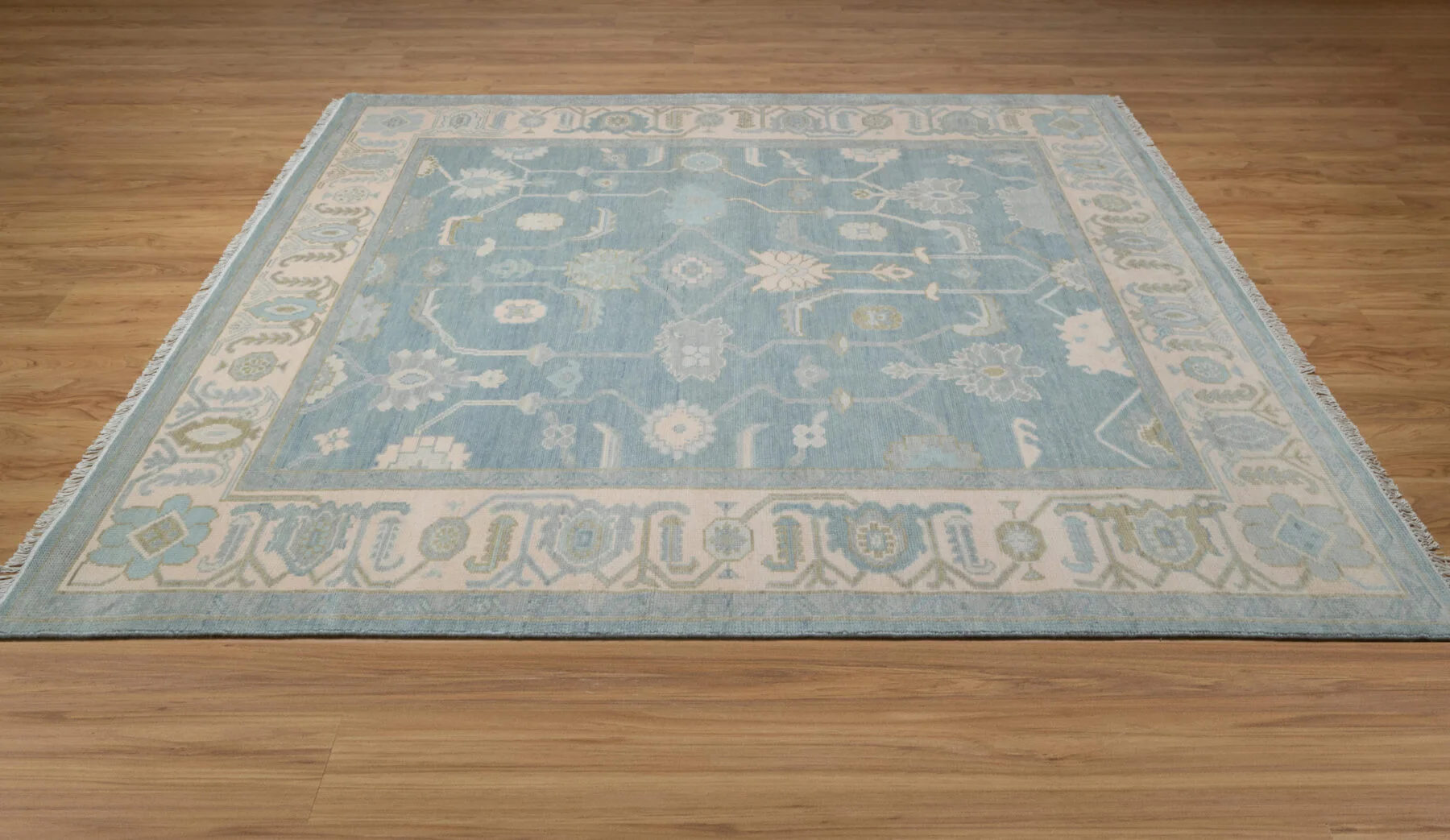 Blue & Sage Hand-Knotted Oushak Rug – Palmette & Rosette (3819)