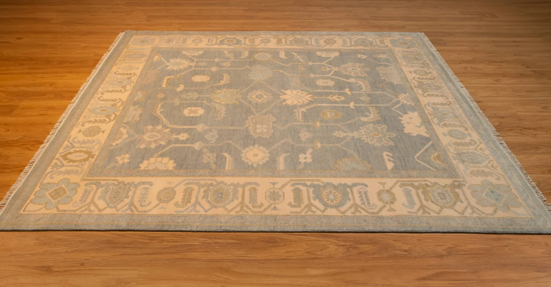 Blue & Sage Hand-Knotted Oushak Rug – Palmette & Rosette (3819)