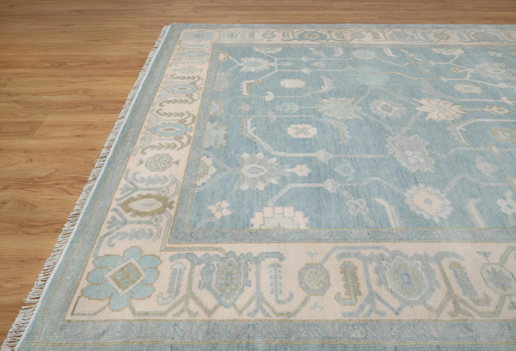 Blue & Sage Hand-Knotted Oushak Rug – Palmette & Rosette (3819)