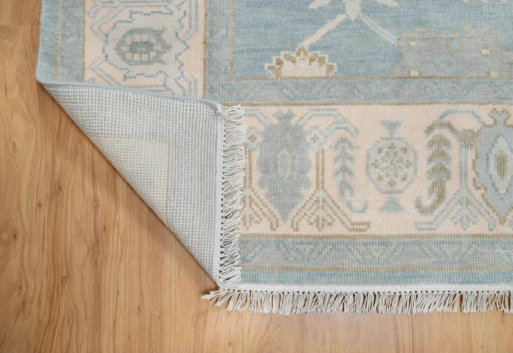 Blue & Sage Hand-Knotted Oushak Rug – Palmette & Rosette (3819)