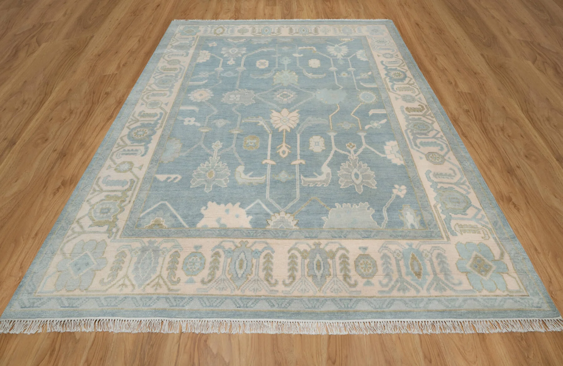 Blue & Sage Hand-Knotted Oushak Rug – Palmette & Rosette (3819)