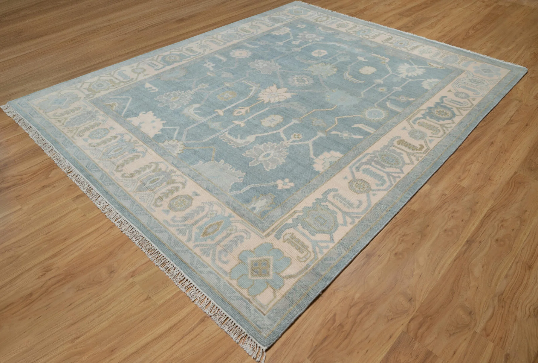 Blue & Sage Hand-Knotted Oushak Rug – Palmette & Rosette (3819)