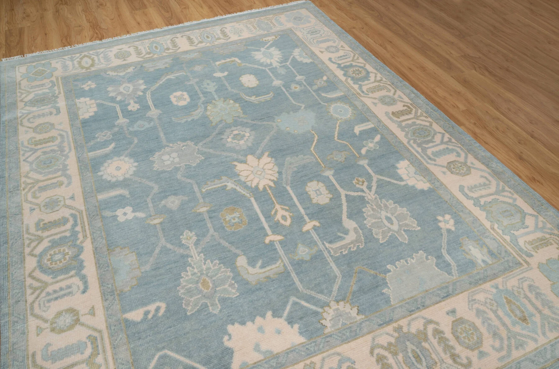 Blue & Sage Hand-Knotted Oushak Rug – Palmette & Rosette (3819)