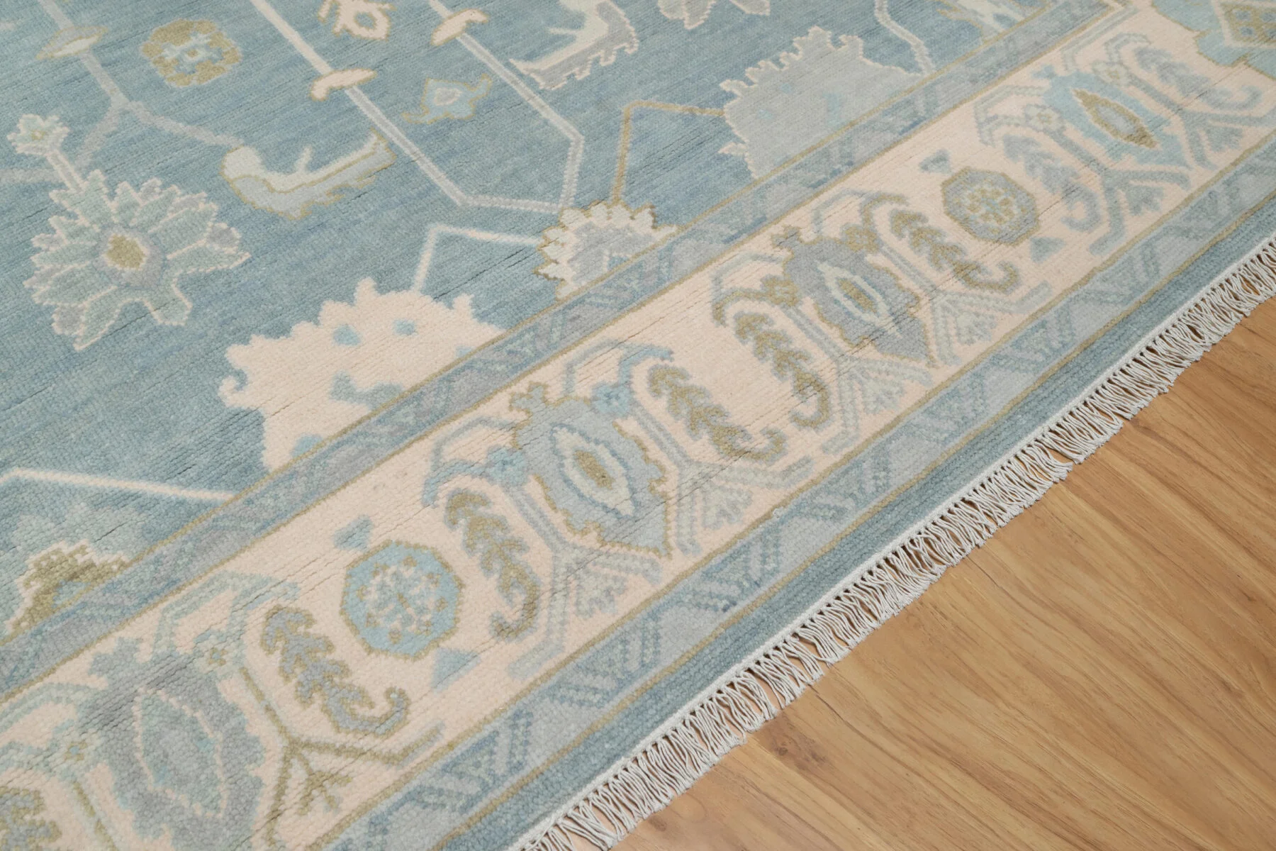 Blue & Sage Hand-Knotted Oushak Rug – Palmette & Rosette (3819)