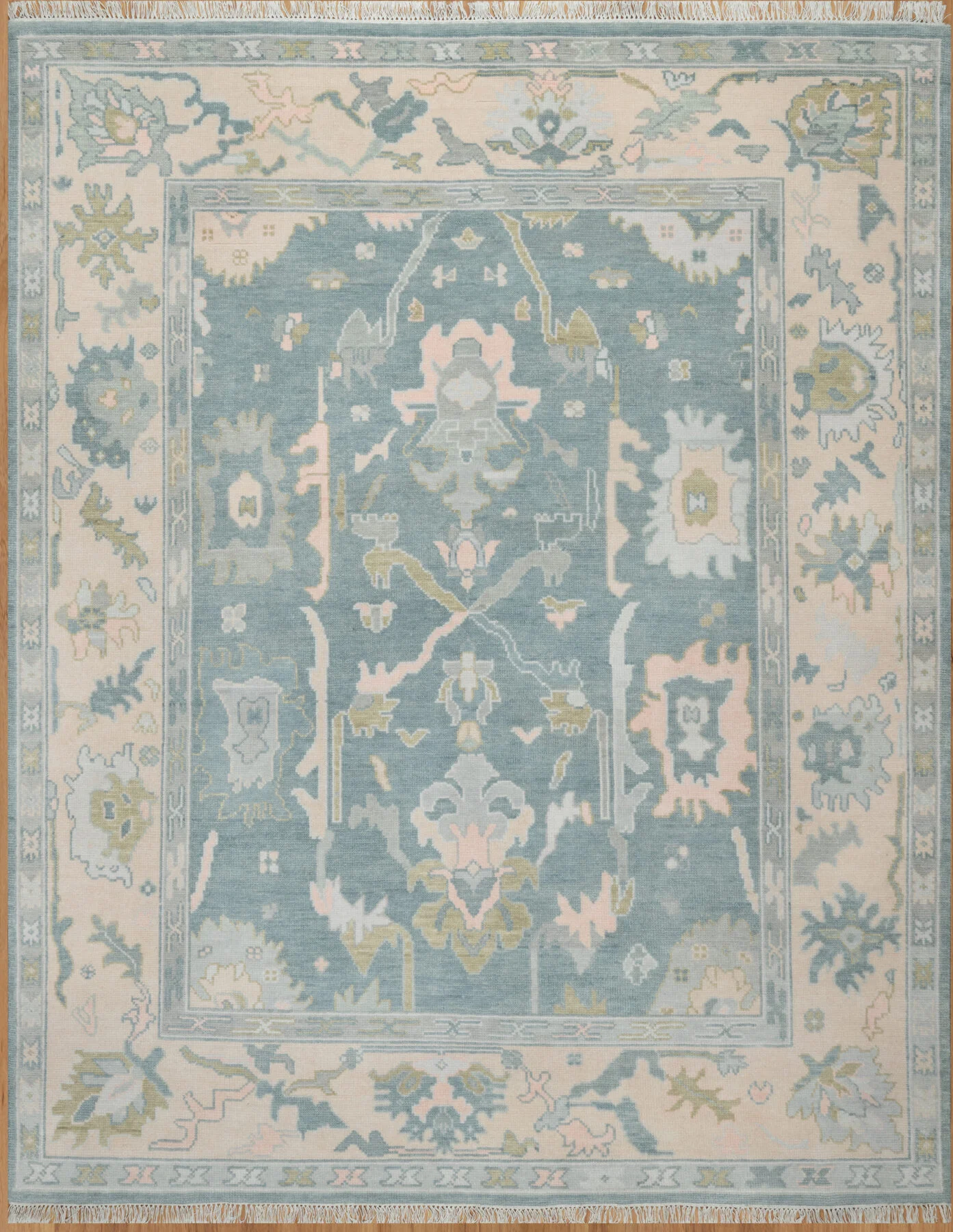 Blue & Sage Hand-Knotted Oushak Rug – Palmette & Rosette (3820)