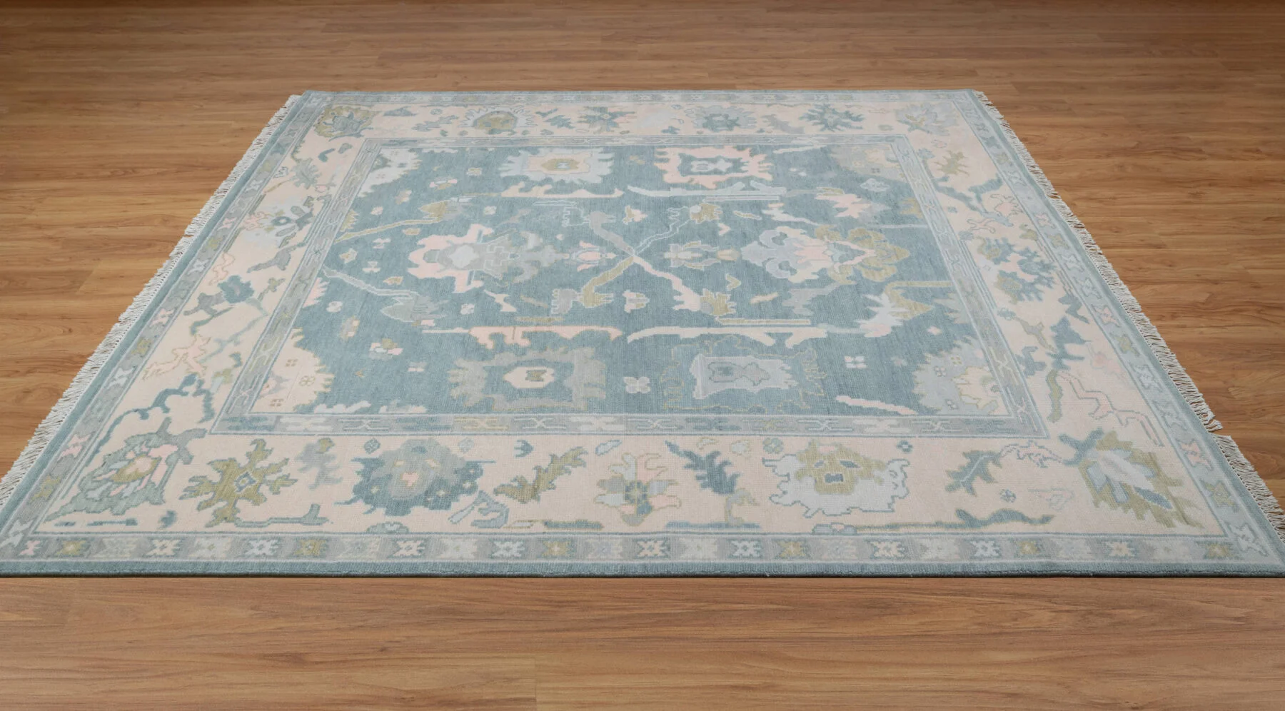 Blue & Sage Hand-Knotted Oushak Rug – Palmette & Rosette (3820)