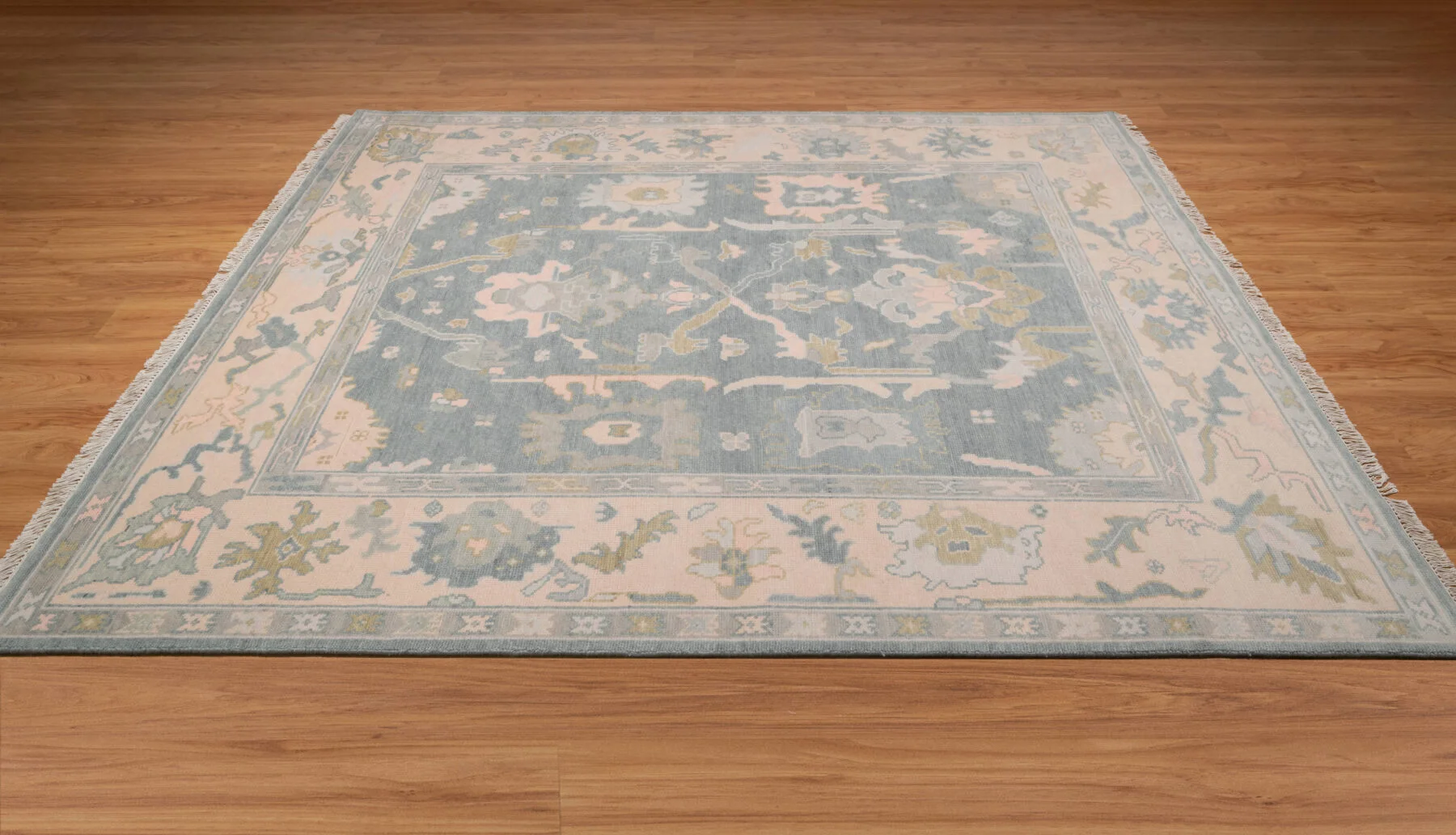 Blue & Sage Hand-Knotted Oushak Rug – Palmette & Rosette (3820)