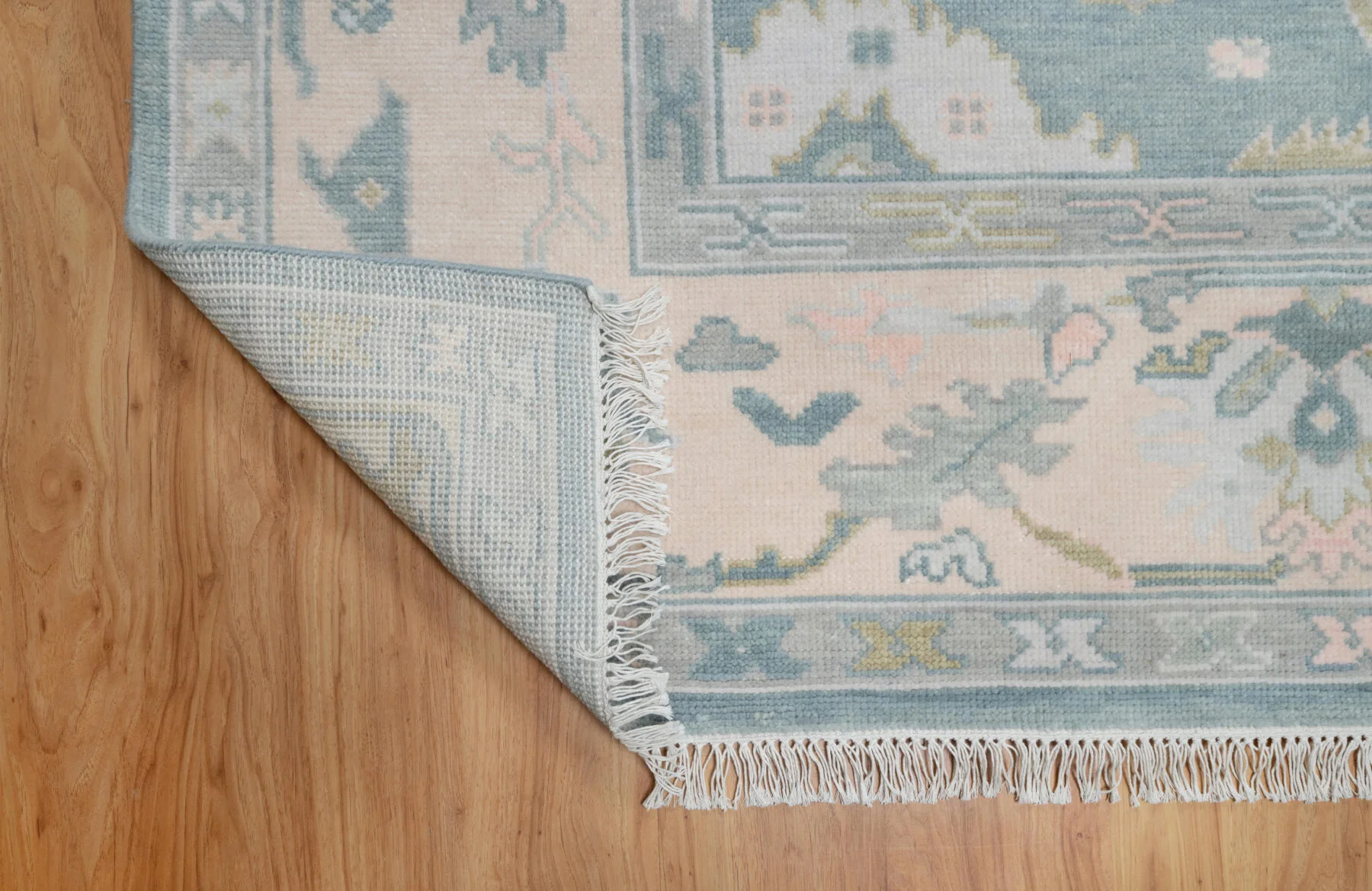Blue & Sage Hand-Knotted Oushak Rug – Palmette & Rosette (3820)