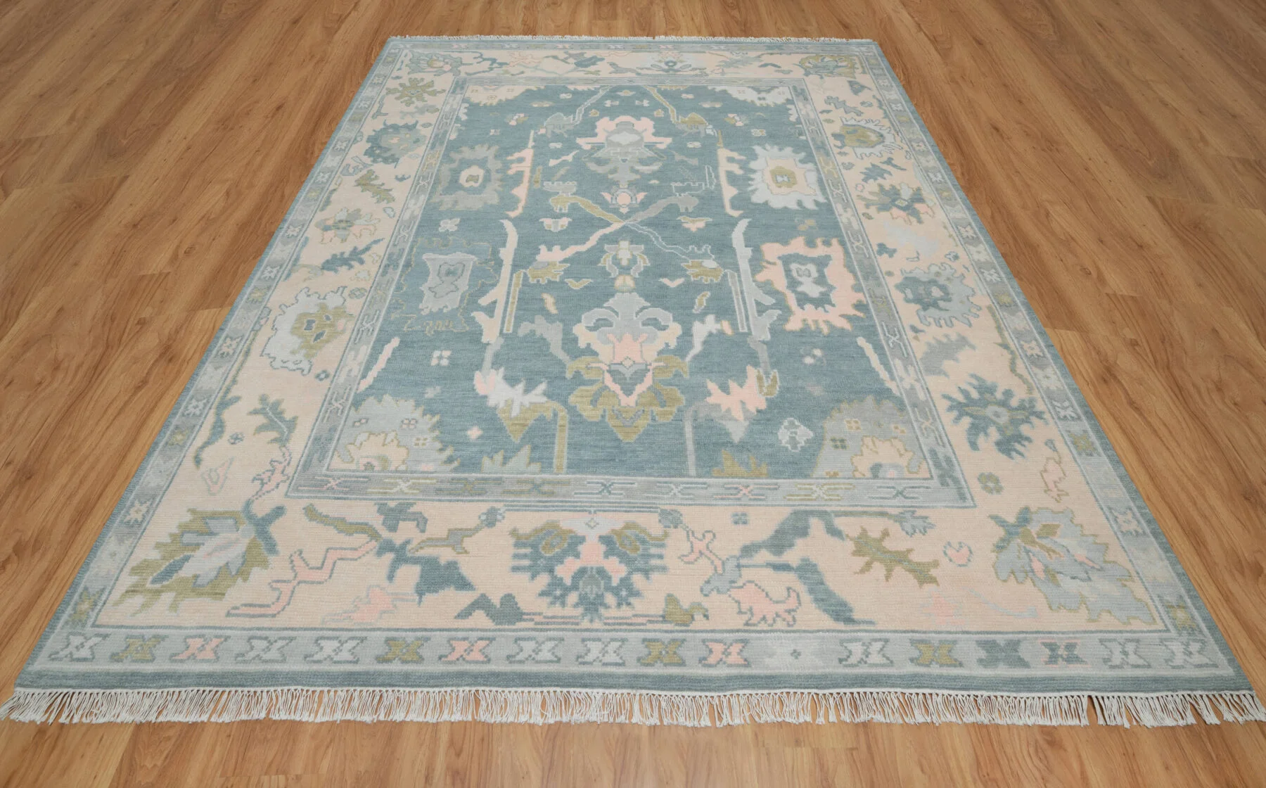 Blue & Sage Hand-Knotted Oushak Rug – Palmette & Rosette (3820)