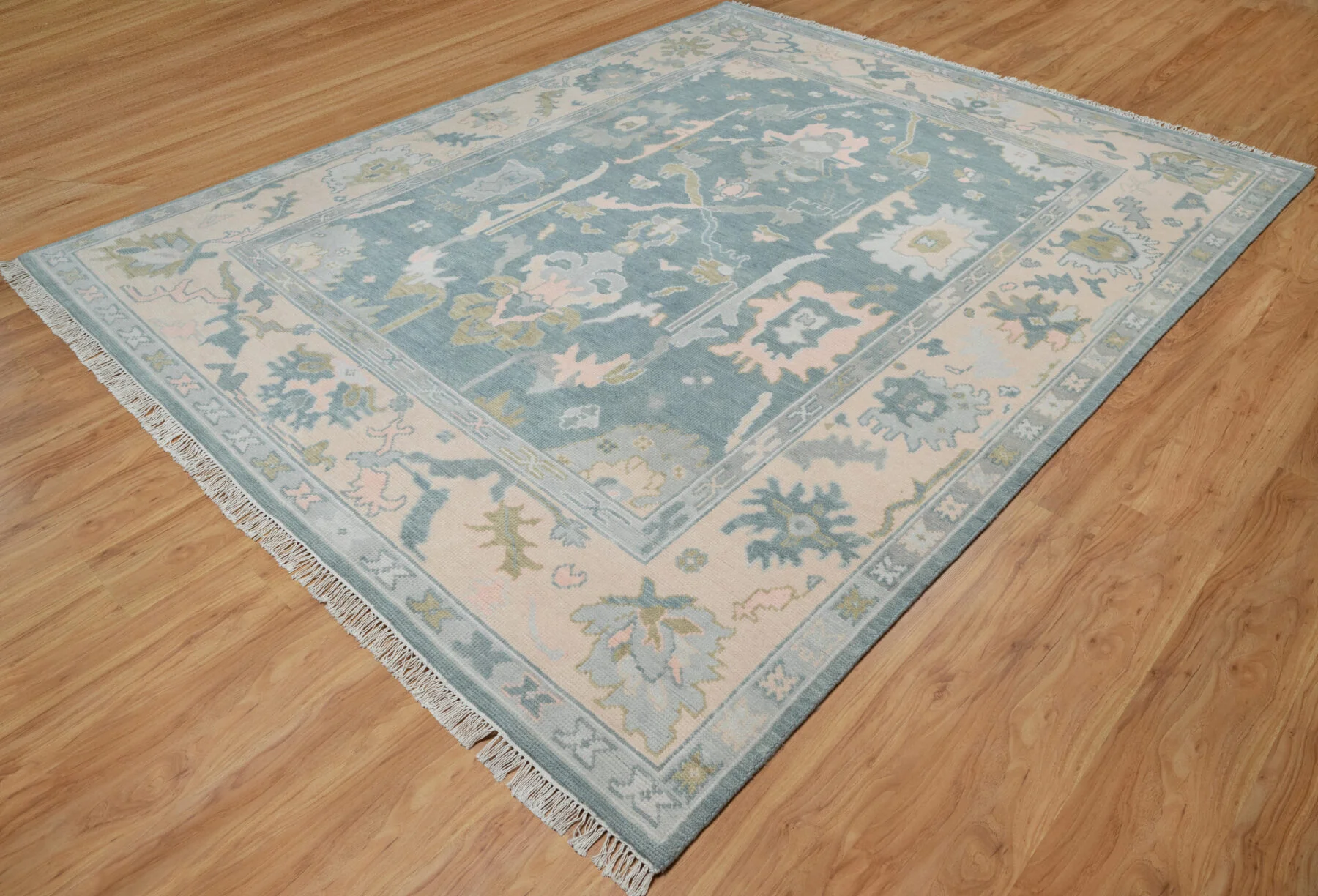 Blue & Sage Hand-Knotted Oushak Rug – Palmette & Rosette (3820)