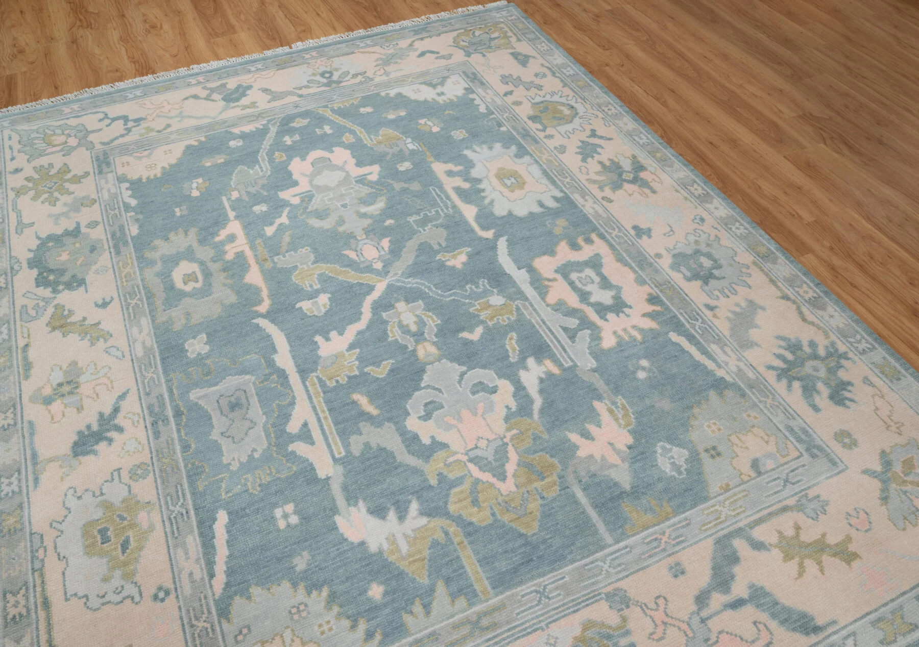 Blue & Sage Hand-Knotted Oushak Rug – Palmette & Rosette (3820)