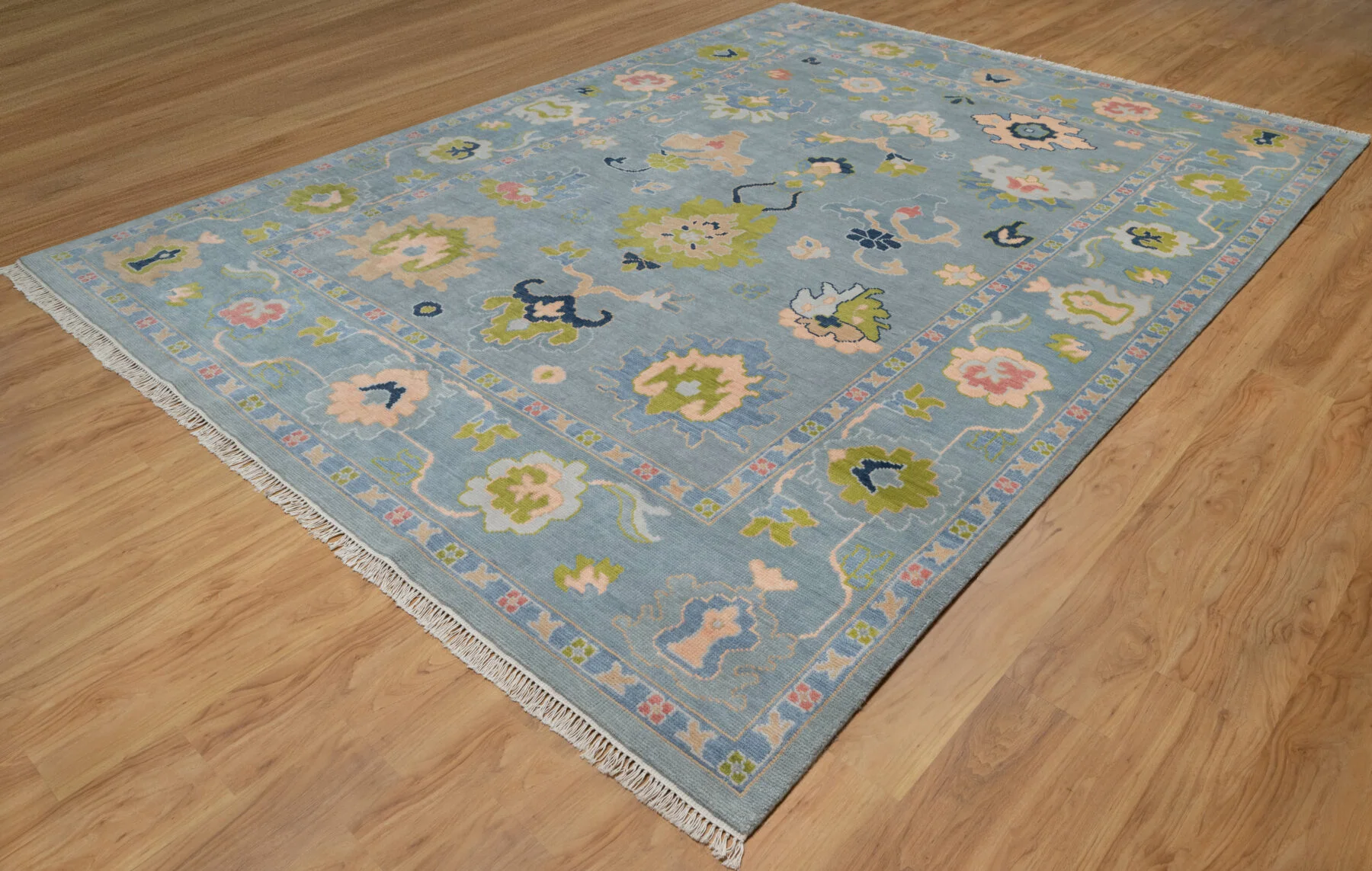 Blue & Blush Hand-Knotted Oushak Rug – Palmette & Rosette (3822)