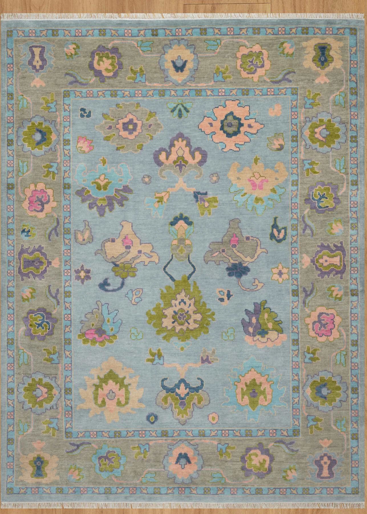 Blue & Blush Hand-Knotted Oushak Rug – Palmette & Rosette (3824)