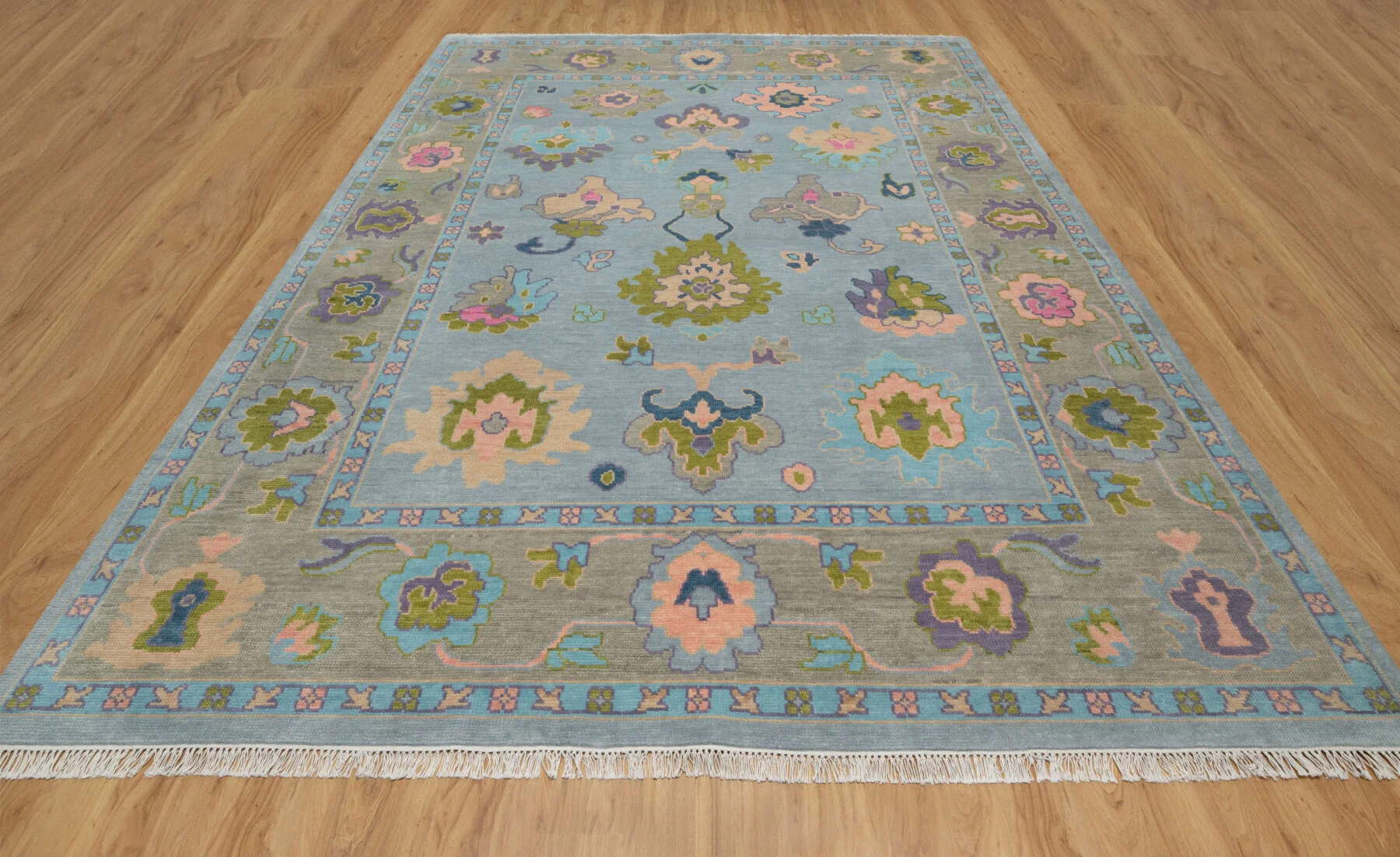 Blue & Blush Hand-Knotted Oushak Rug – Palmette & Rosette (3824)